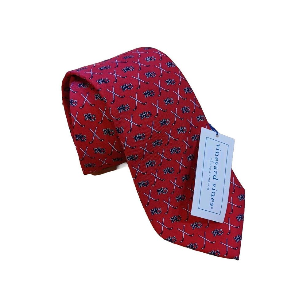 NWT UNC North Carolina Vineyard Vines Necktie Hockey Sticks Pucks Red 100% Silk